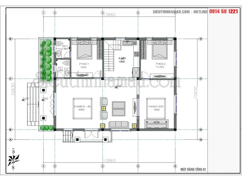 mẫu nhà 100m2 2 phòng ngủ
