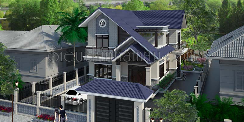 Thi công xây dựng công trình biệt thự 2 tầng mặt tiền 9m mái thái đẹp tại  Vĩnh Phúc BT200309
