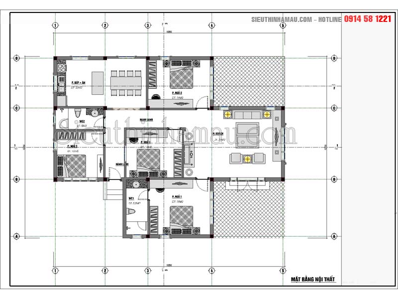 Mẫu thiết kế nhà mái thái 1 tầng 3 phòng ngủ rộng 13m dài 12m